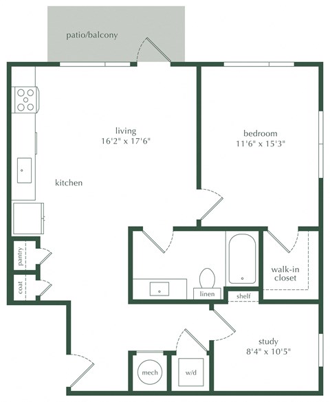 Floor plan for 1 bed, 1 bath, 853 sqft